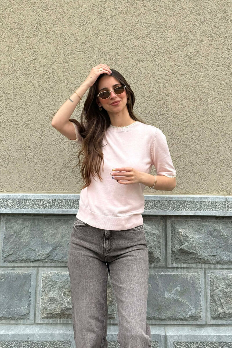 TULLE DETAILS SHORT SLEEVE WOMEN SWEATER BABY PINK/ROZB - 1