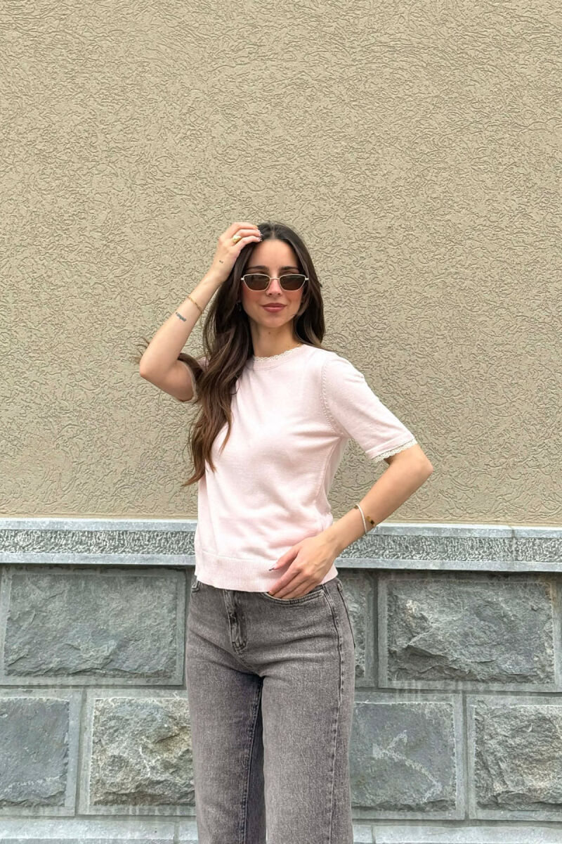 TULLE DETAILS SHORT SLEEVE WOMEN SWEATER BABY PINK/ROZB - 2
