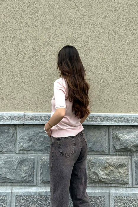 TULLE DETAILS SHORT SLEEVE WOMEN SWEATER BABY PINK/ROZB - 3