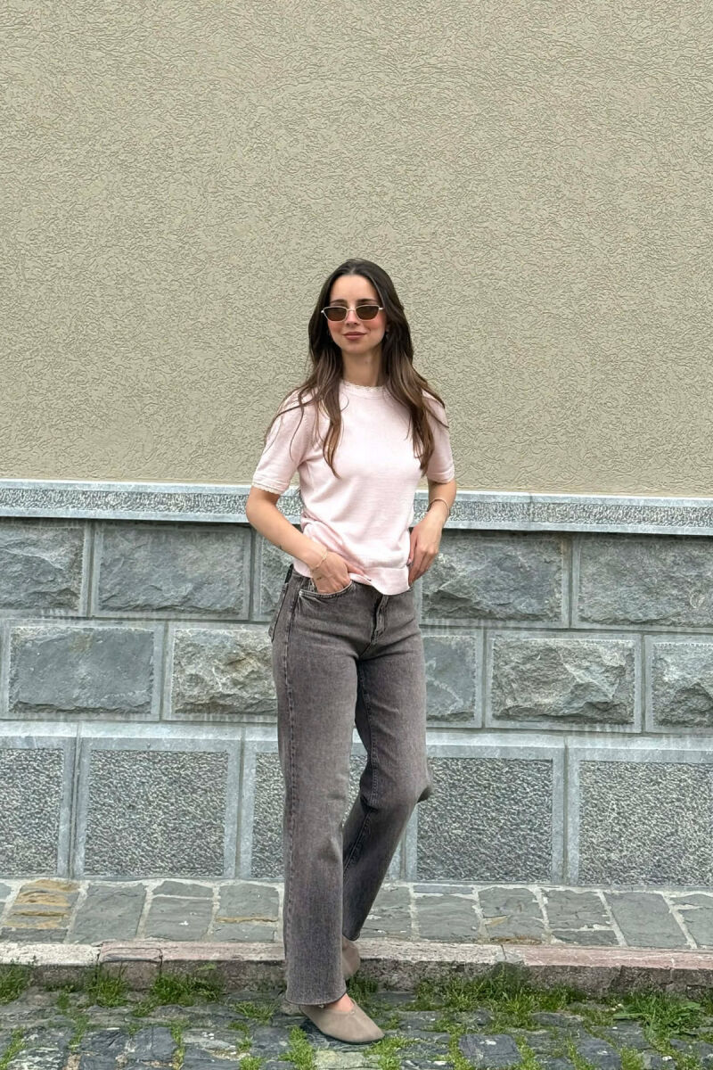 TULLE DETAILS SHORT SLEEVE WOMEN SWEATER BABY PINK/ROZB - 5