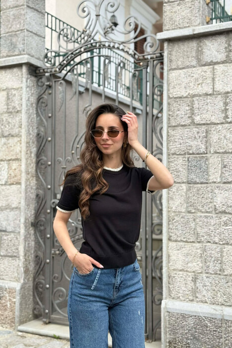 TULLE DETAILS SHORT SLEEVE WOMEN SWEATER BLACK/ E ZEZE - 3