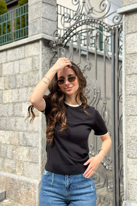 TULLE DETAILS SHORT SLEEVE WOMEN SWEATER BLACK/ E ZEZE - KLAUDIO FASHION