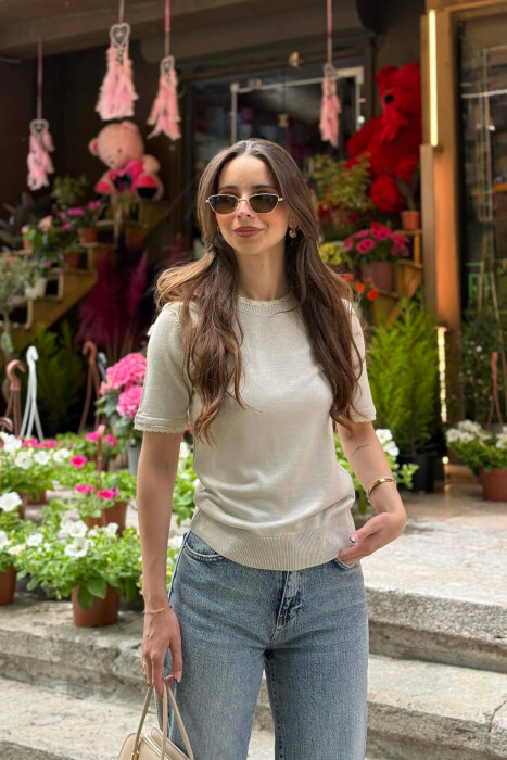 TULLE DETAILS SHORT SLEEVE WOMEN SWEATER LIGHT GREY/GZ - KLAUDIO FASHION