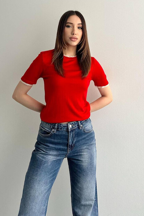 TULLE DETAILS SHORT SLEEVE WOMEN SWEATER RED/E KUQE - 2
