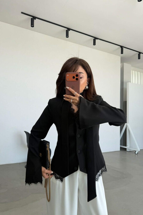 TULLE DETAILS V NECK ONE COLOR LACING WOMEN JACKET BLACK/ E ZEZE - 1