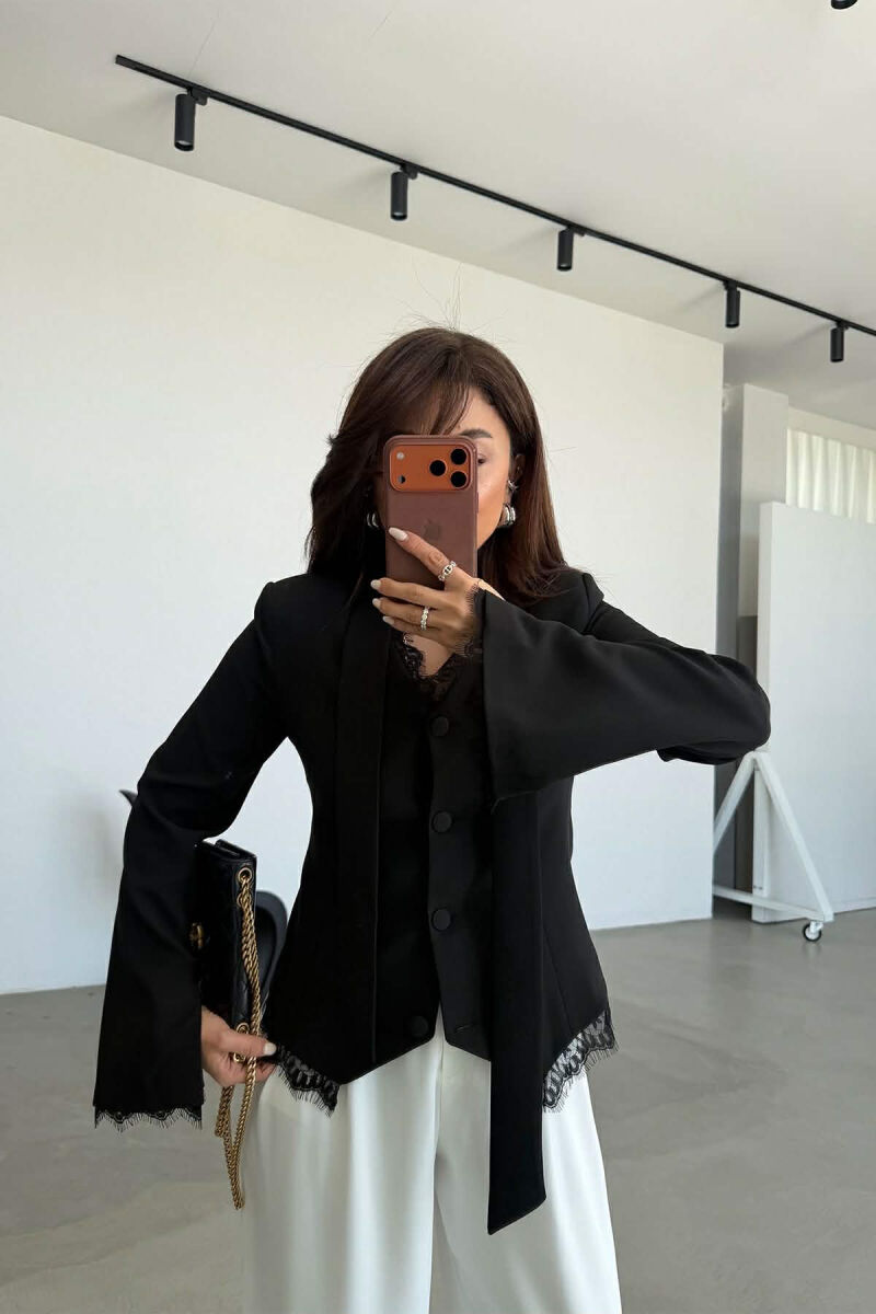 TULLE DETAILS V NECK ONE COLOR LACING WOMEN JACKET BLACK/ E ZEZE - 2