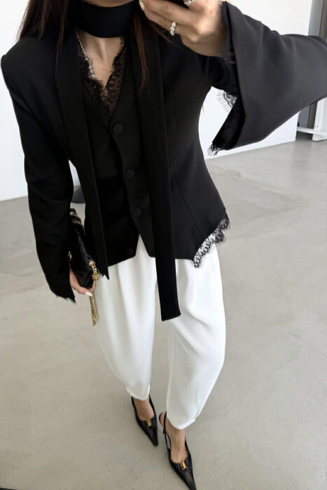 TULLE DETAILS V NECK ONE COLOR LACING WOMEN JACKET BLACK/ E ZEZE - 3