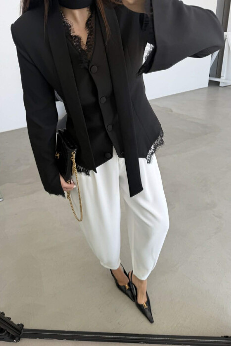 TULLE DETAILS V NECK ONE COLOR LACING WOMEN JACKET BLACK/ E ZEZE - 4