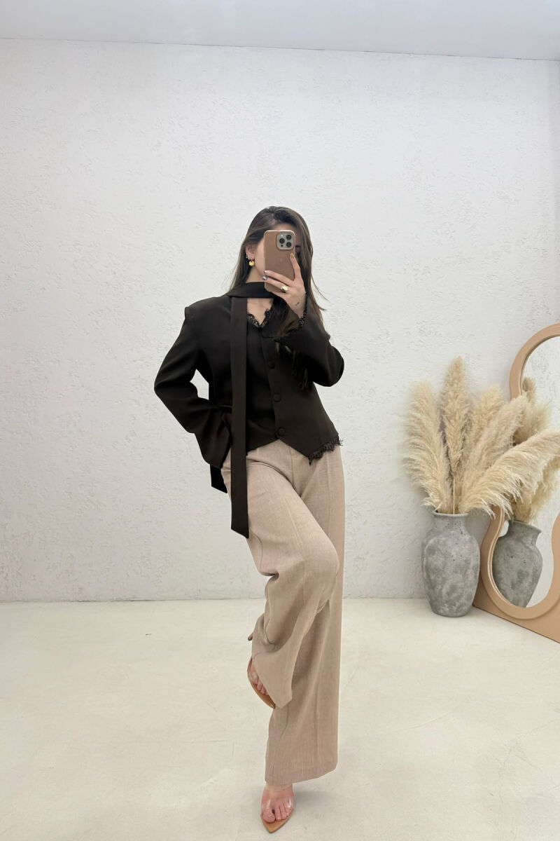 TULLE DETAILS V NECK ONE COLOR LACING WOMEN JACKET BROWN/KAFE - 2