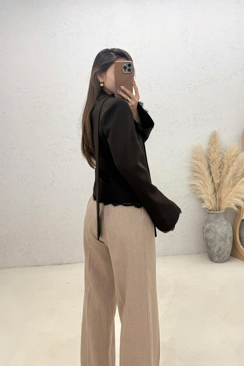 TULLE DETAILS V NECK ONE COLOR LACING WOMEN JACKET BROWN/KAFE - 3