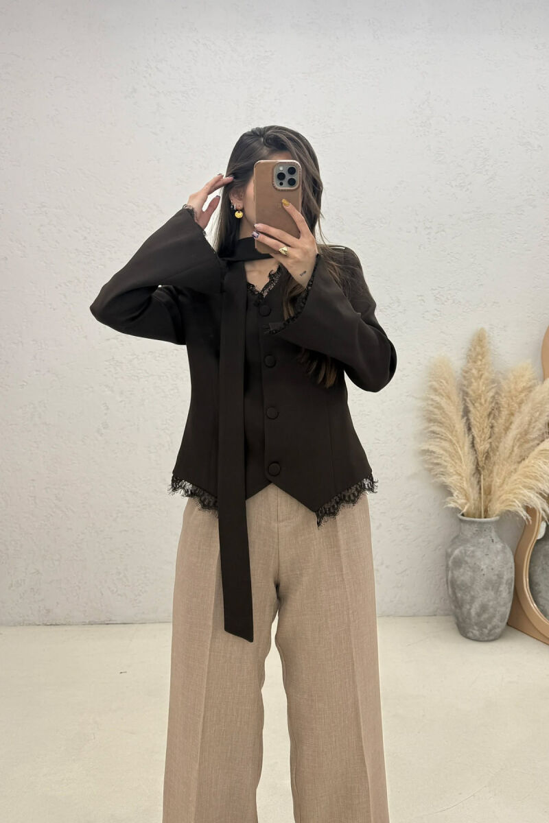 TULLE DETAILS V NECK ONE COLOR LACING WOMEN JACKET BROWN/KAFE - 4