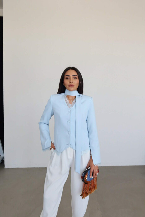 TULLE DETAILS V NECK ONE COLOR LACING WOMEN JACKET LIGHTBLUE/BZ - KLAUDIO FASHION