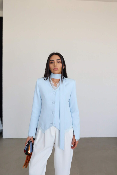 TULLE DETAILS V NECK ONE COLOR LACING WOMEN JACKET LIGHTBLUE/BZ - 2