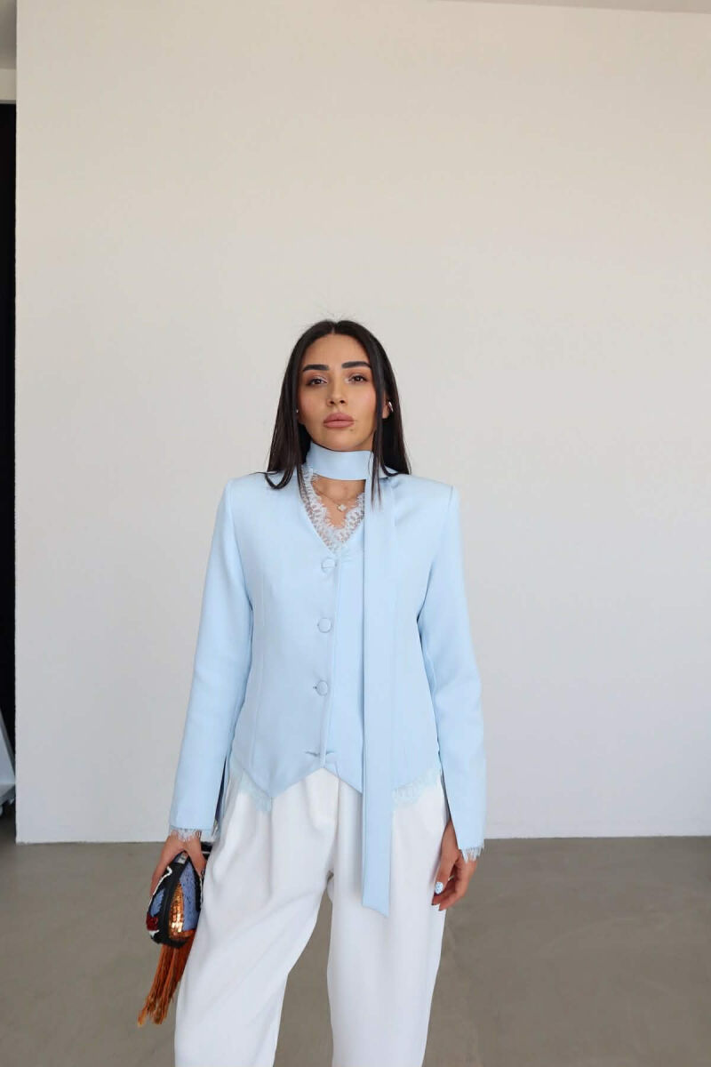 TULLE DETAILS V NECK ONE COLOR LACING WOMEN JACKET LIGHTBLUE/BZ - 2