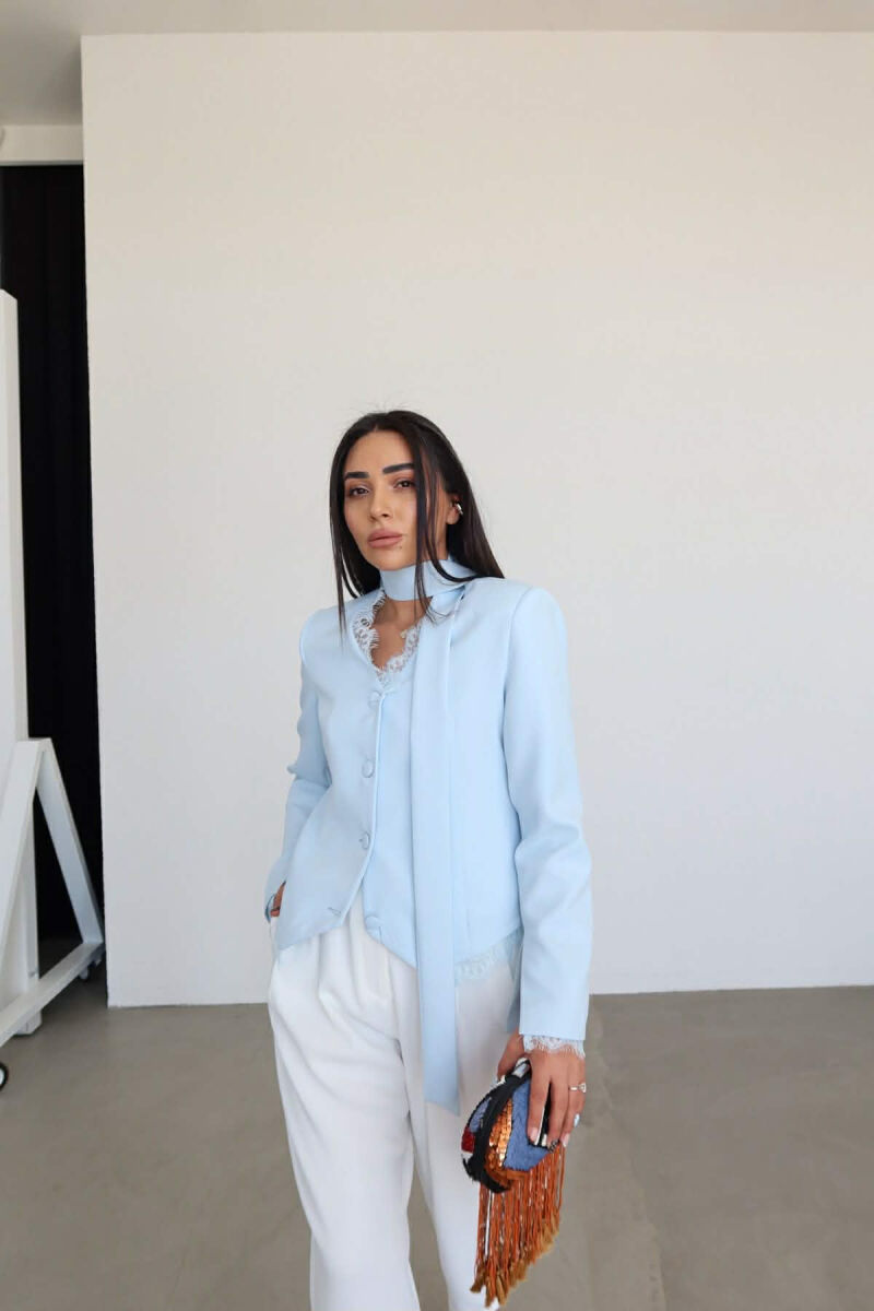 TULLE DETAILS V NECK ONE COLOR LACING WOMEN JACKET LIGHTBLUE/BZ - 3