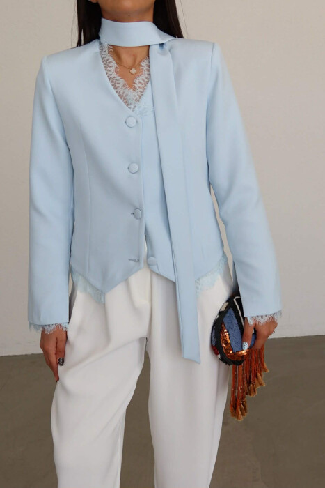 TULLE DETAILS V NECK ONE COLOR LACING WOMEN JACKET LIGHTBLUE/BZ - 4