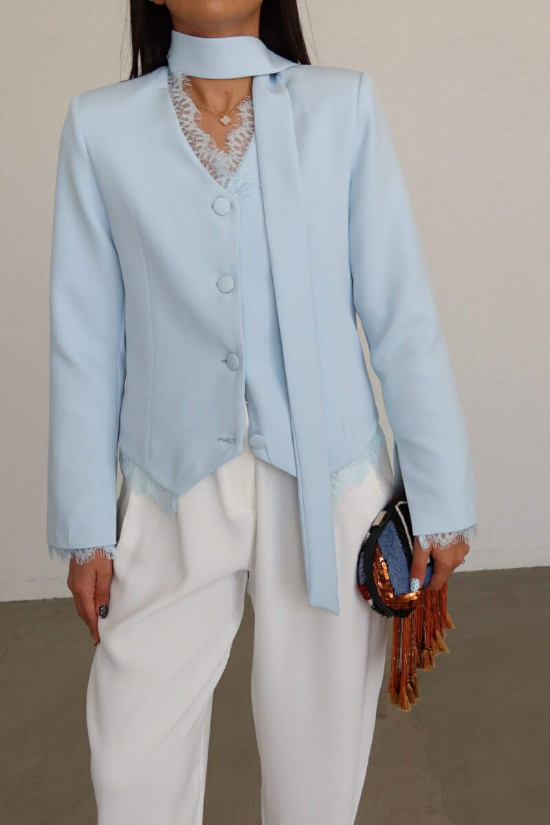 TULLE DETAILS V NECK ONE COLOR LACING WOMEN JACKET LIGHTBLUE/BZ - 4