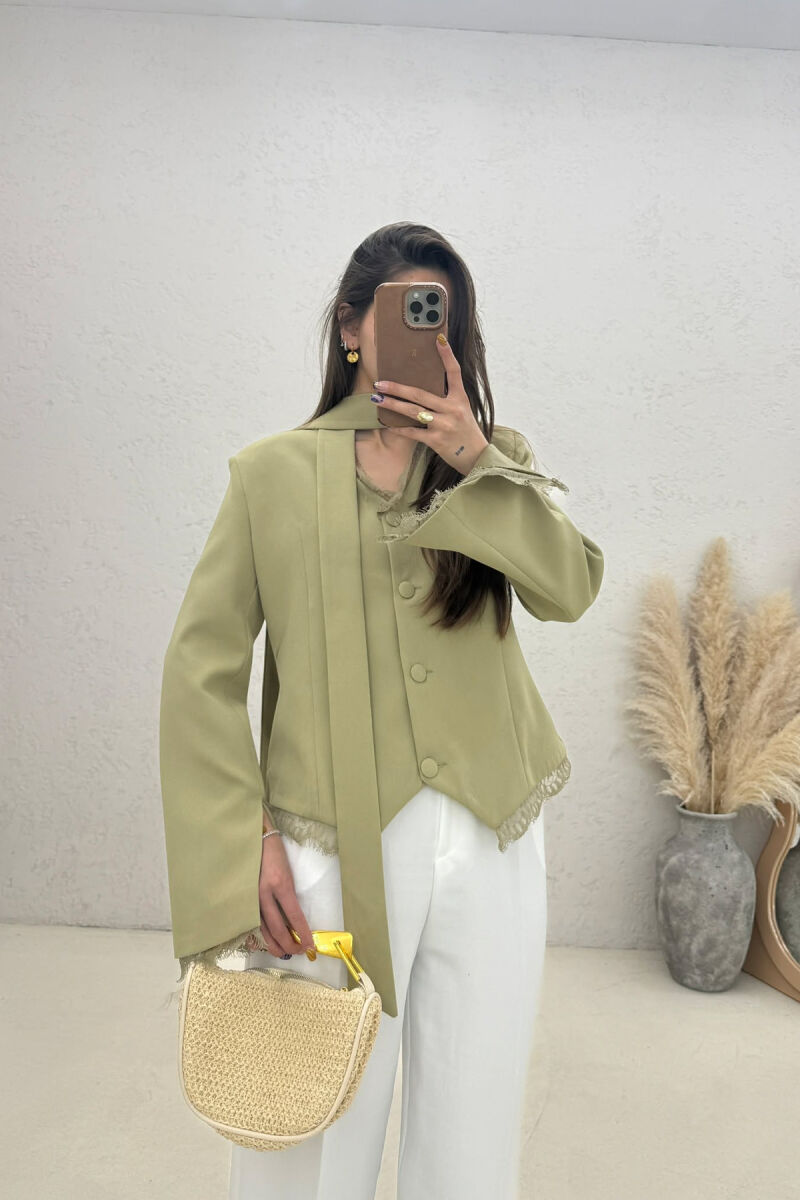 TULLE DETAILS V NECK ONE COLOR LACING WOMEN JACKET MINT/MENTE - 1