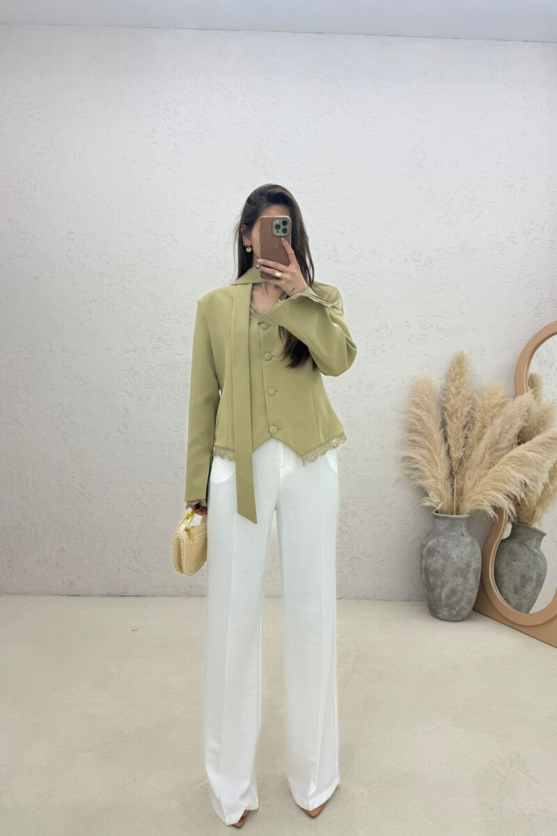 TULLE DETAILS V NECK ONE COLOR LACING WOMEN JACKET MINT/MENTE - 2