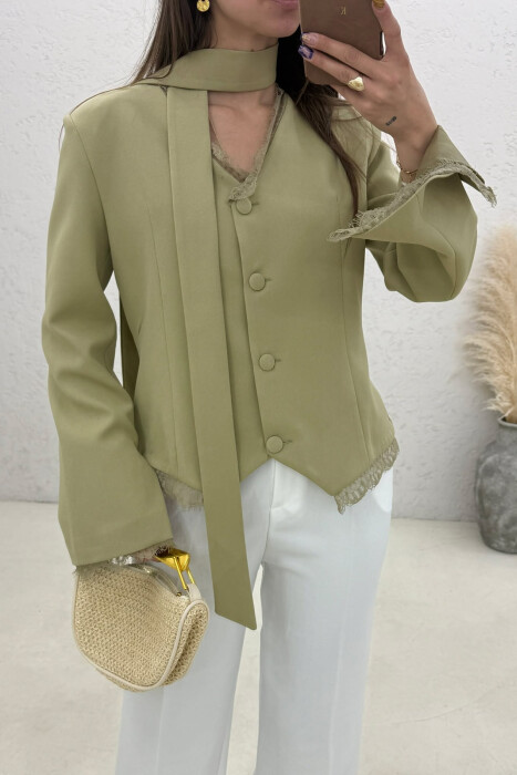 TULLE DETAILS V NECK ONE COLOR LACING WOMEN JACKET MINT/MENTE - 3