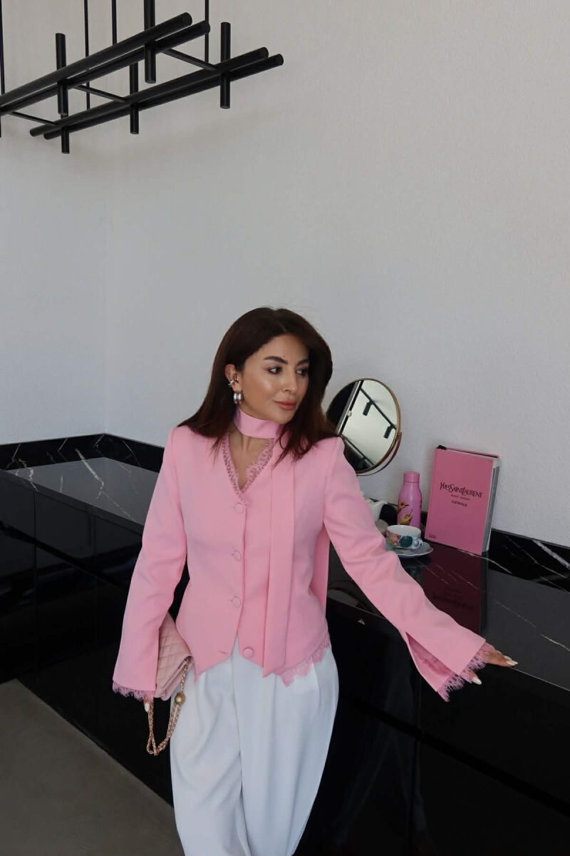 TULLE DETAILS V NECK ONE COLOR LACING WOMEN JACKET PINK/ROZE - 1