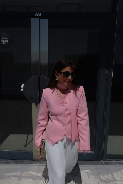 TULLE DETAILS V NECK ONE COLOR LACING WOMEN JACKET PINK/ROZE - 2