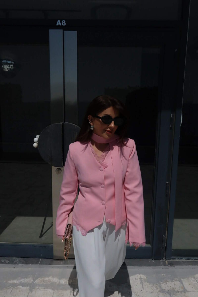 TULLE DETAILS V NECK ONE COLOR LACING WOMEN JACKET PINK/ROZE - 2