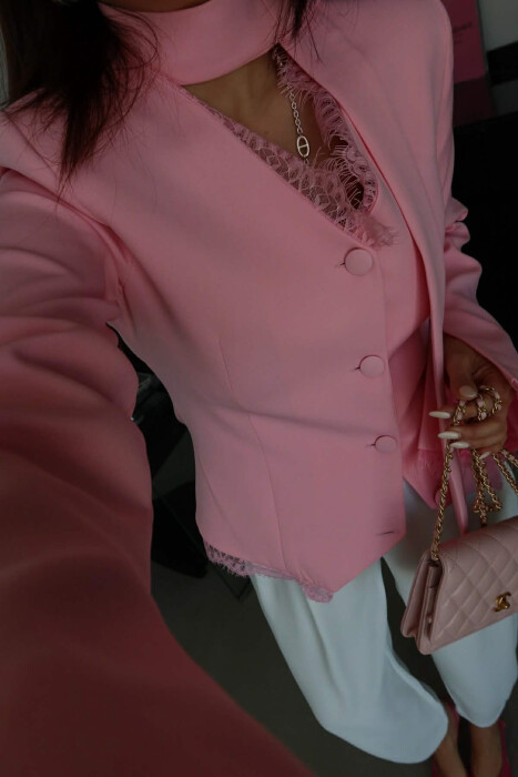 TULLE DETAILS V NECK ONE COLOR LACING WOMEN JACKET PINK/ROZE - 4