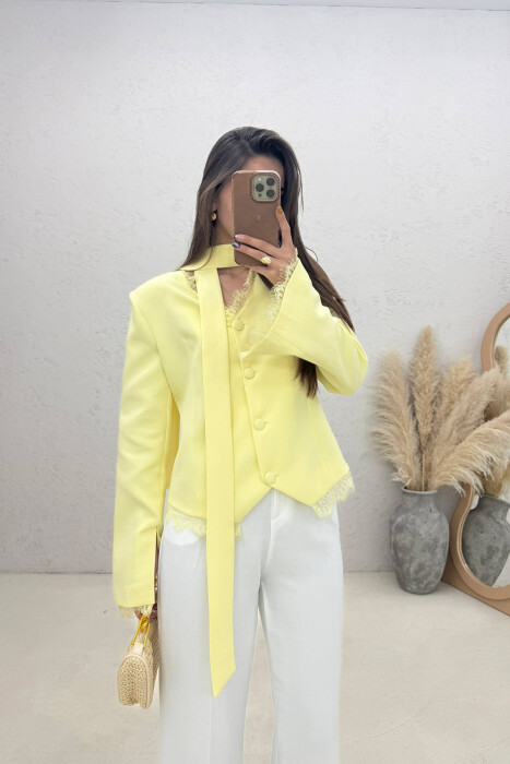TULLE DETAILS V NECK ONE COLOR LACING WOMEN JACKET YELLOW/E VERDHE - 1