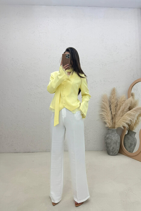 TULLE DETAILS V NECK ONE COLOR LACING WOMEN JACKET YELLOW/E VERDHE - 2