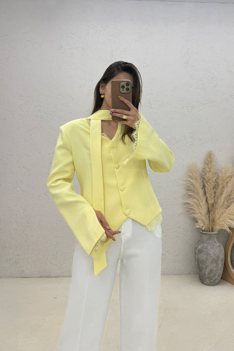 TULLE DETAILS V NECK ONE COLOR LACING WOMEN JACKET YELLOW/E VERDHE - 4