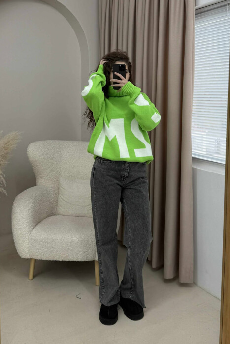 TURTLE NECK 2M WRITTING WOMEN SWEATER LIGHT GREEN/JEZB - 2