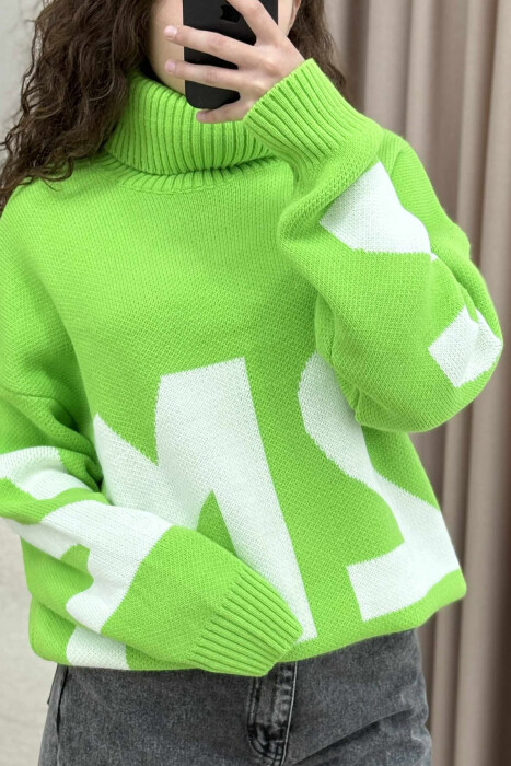 TURTLE NECK 2M WRITTING WOMEN SWEATER LIGHT GREEN/JEZB - 4