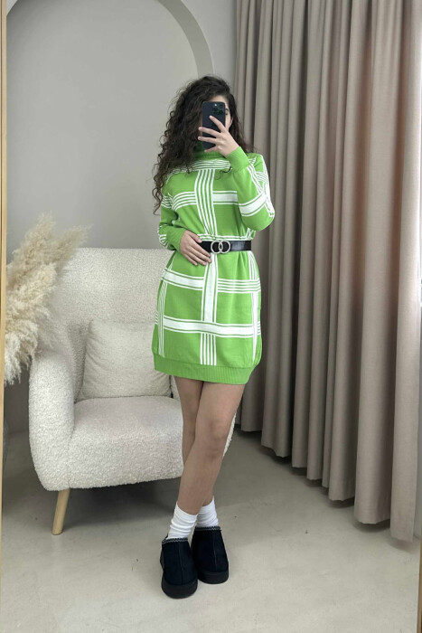 TURTLE NECK BELT DETAIL STRIPES KNIT WOMEN DRESS LIGHT GREEN/JEZB - 