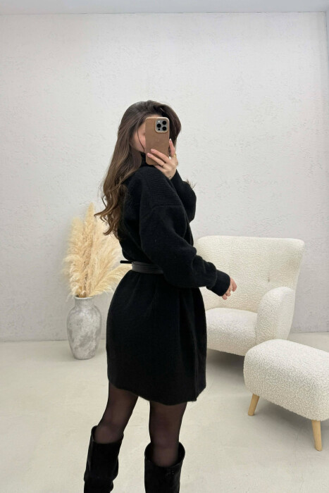TURTLE NECK ONE COLOR KNIT WOMEN DRESS BLACK/ E ZEZE - 3