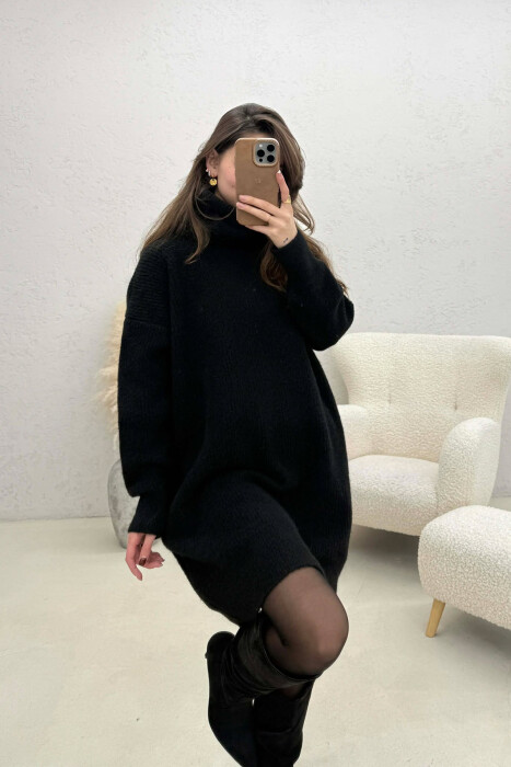 TURTLE NECK ONE COLOR KNIT WOMEN DRESS BLACK/ E ZEZE - 4