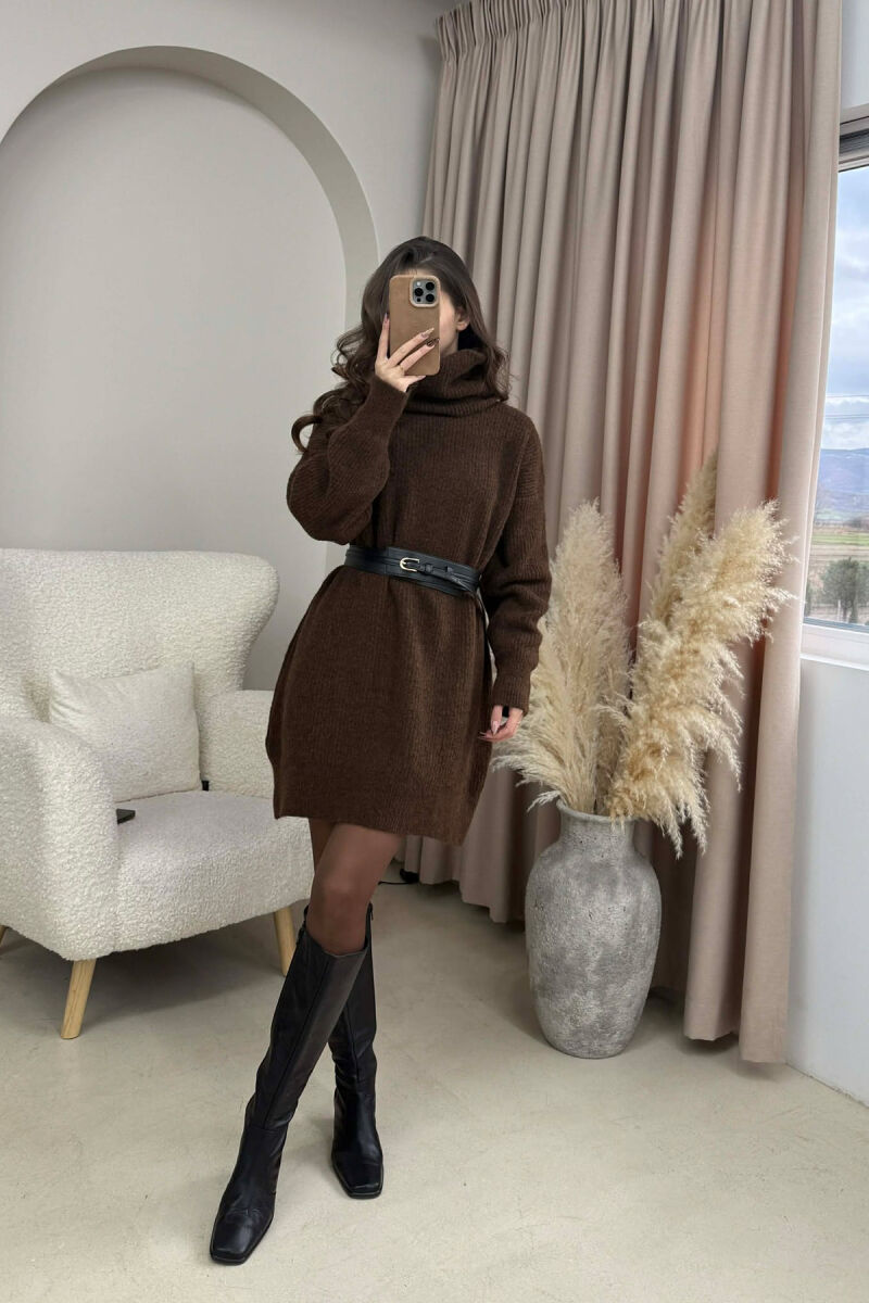TURTLE NECK ONE COLOR KNIT WOMEN DRESS BROWN/KAFE - 1