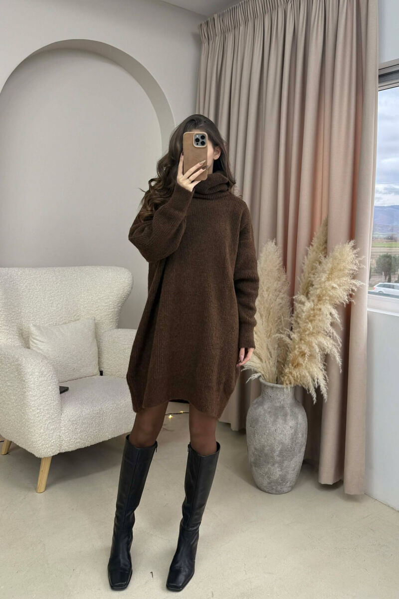 TURTLE NECK ONE COLOR KNIT WOMEN DRESS BROWN/KAFE - 2