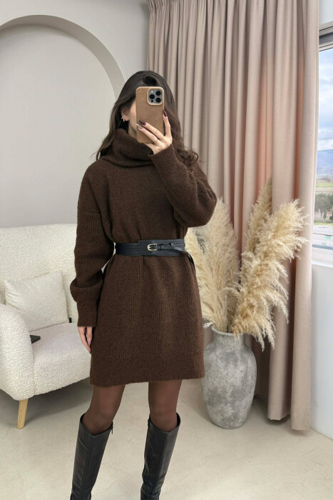 TURTLE NECK ONE COLOR KNIT WOMEN DRESS BROWN/KAFE - 5