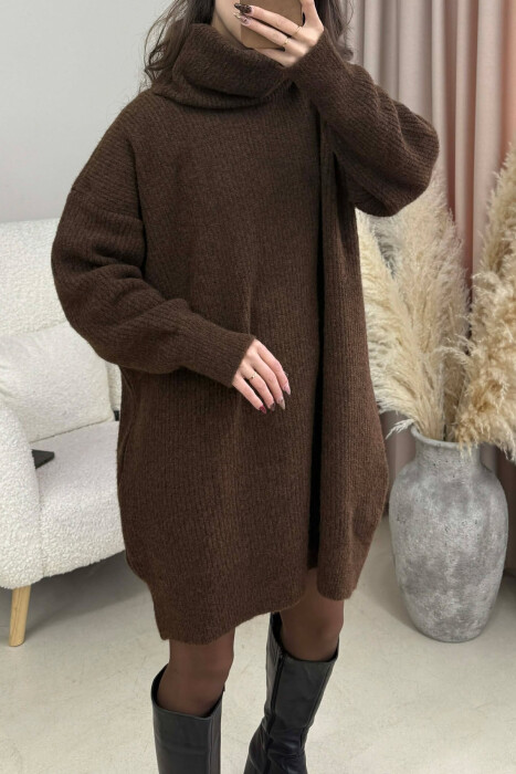 TURTLE NECK ONE COLOR KNIT WOMEN DRESS BROWN/KAFE - 4