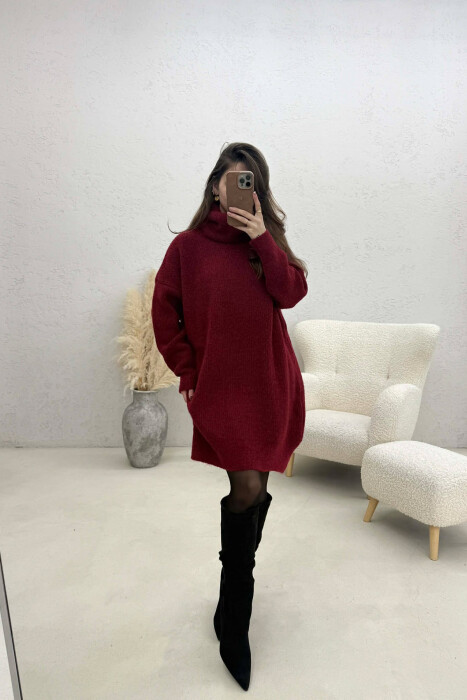 TURTLE NECK ONE COLOR KNIT WOMEN DRESS BURGUNDY/VISHNJE - KLAUDIO FASHION