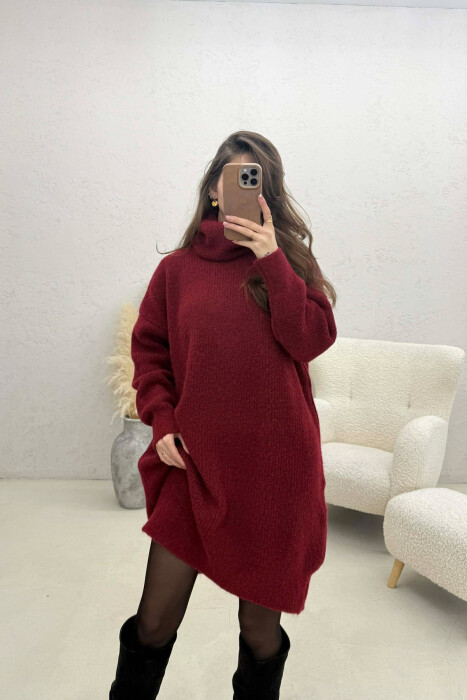 TURTLE NECK ONE COLOR KNIT WOMEN DRESS BURGUNDY/VISHNJE - 2