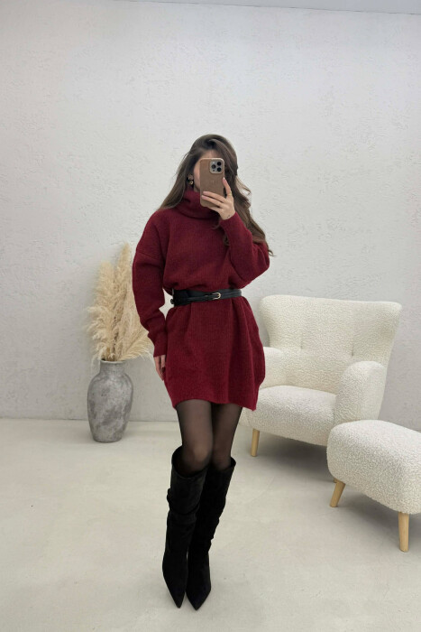 TURTLE NECK ONE COLOR KNIT WOMEN DRESS BURGUNDY/VISHNJE - 3