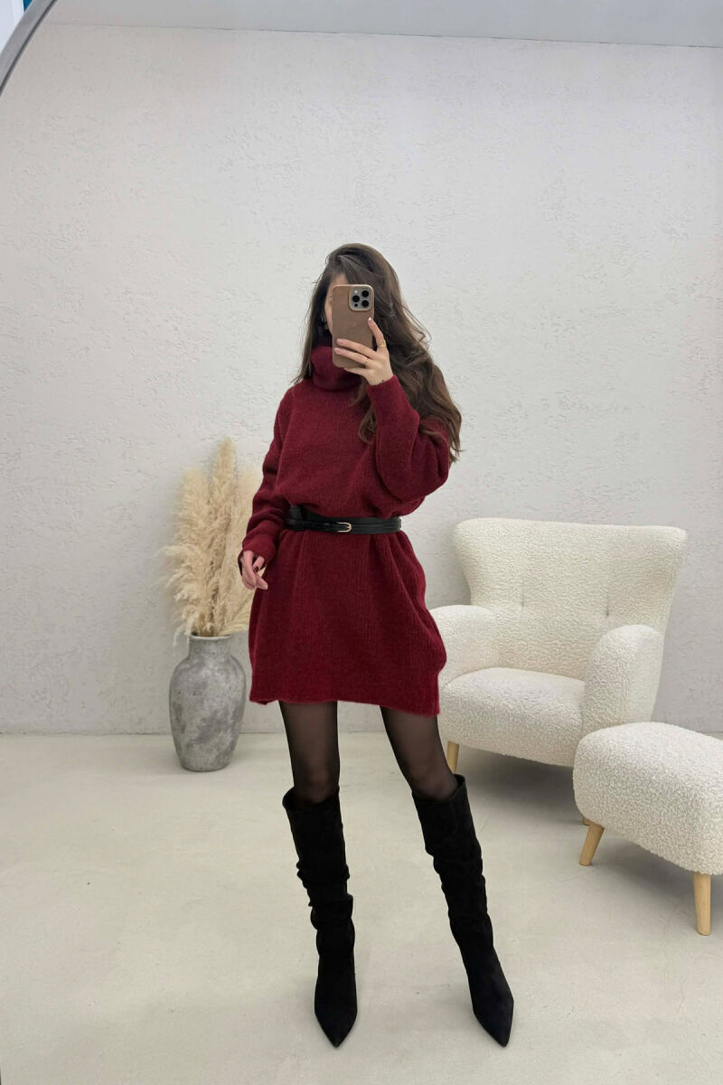 TURTLE NECK ONE COLOR KNIT WOMEN DRESS BURGUNDY/VISHNJE - 4