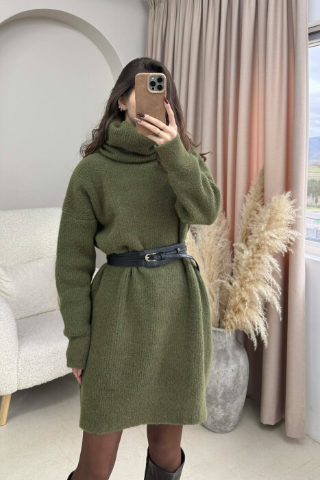 TURTLE NECK ONE COLOR KNIT WOMEN DRESS GREEN/JESHILE - 2