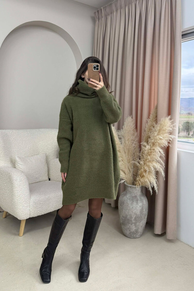 TURTLE NECK ONE COLOR KNIT WOMEN DRESS GREEN/JESHILE - 5