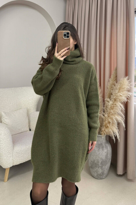 TURTLE NECK ONE COLOR KNIT WOMEN DRESS GREEN/JESHILE - 3