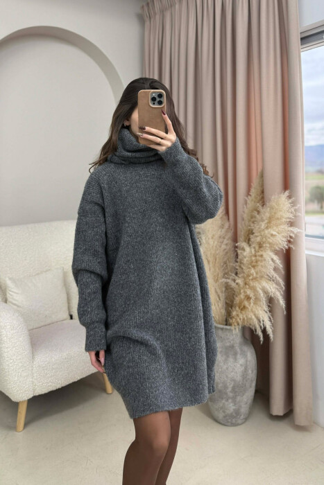 TURTLE NECK ONE COLOR KNIT WOMEN DRESS GREY/GRI - 3