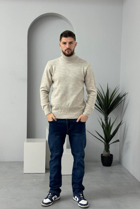TURTLE NECK ONE COLOR MEN SWEATER BEIGE/BEZHE - KLAUDIO FASHION