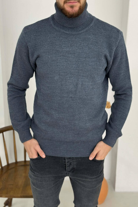 TURTLE NECK ONE COLOR MEN SWEATER BLUE/BLU - KLAUDIO FASHION